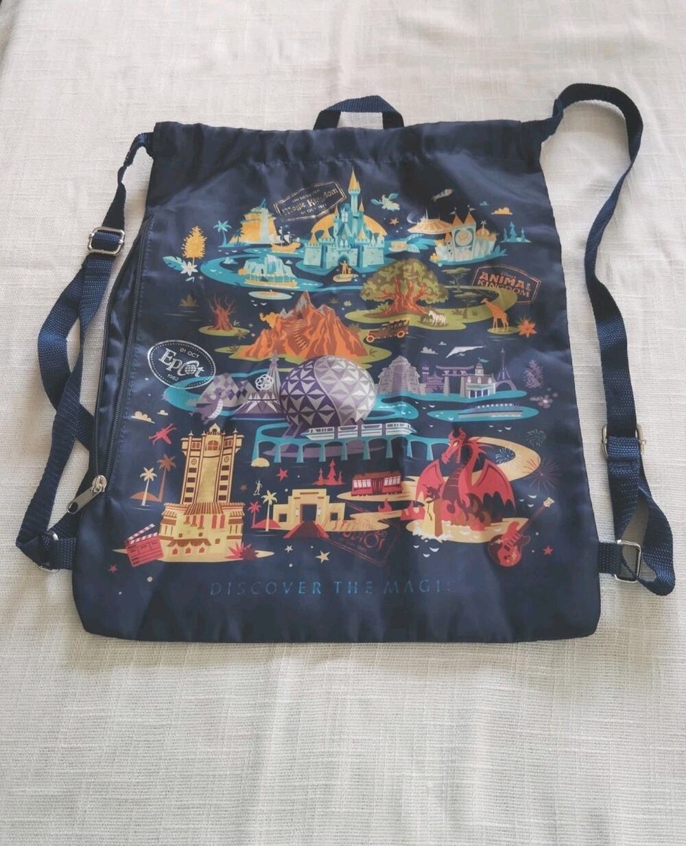 Disney Parks Attractions All Over Print Cinch Drawstring Backpack Blue Bag